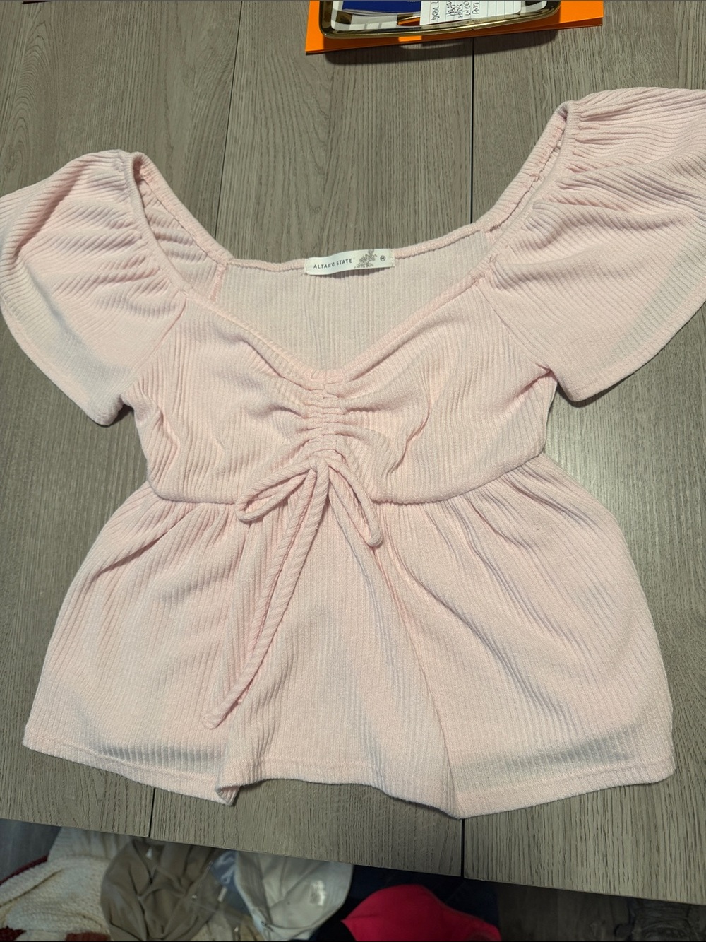 Altar'd State Pale Pink Ruched Tie-Front Crop Top